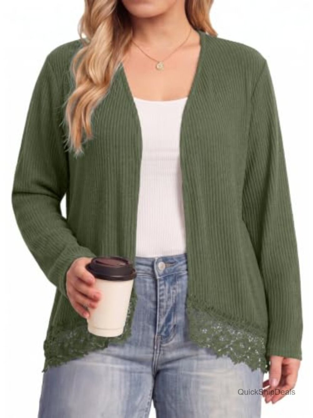 Plus Size Ribbed Knit Cardigan Lace Hem Open Front Long Sleeve